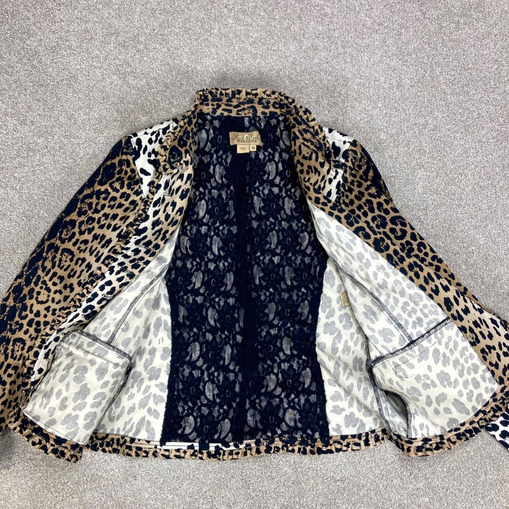 Peck & Peck Leopard Print Blazer Women Sz 10 Tan Black Ruffle Trim Edgy Mob Wife - Picture 3 of 15